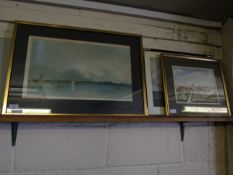 WATER COLOUR OF VILLAGE LANDSCAPE SCENE, A SHIPPING PRINT AND ONE OTHER (3)