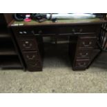 GOOD QUALITY REPRODUCTION MAHOGANY TWIN PEDESTAL DESK WITH GREEN LEATHER AND TOOLED INSERT