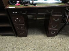 GOOD QUALITY REPRODUCTION MAHOGANY TWIN PEDESTAL DESK WITH GREEN LEATHER AND TOOLED INSERT