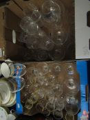 TWO BOXES MIXED GLASS WARES, BRANDY BALLOONS, WHISKEYS GLASSES ETC