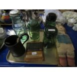 TRAY CONTAINING A PEWTER TANKARD, TOILET ROLL HOLDER, GLASS KILNER TYPE JARS ETC