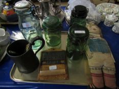 TRAY CONTAINING A PEWTER TANKARD, TOILET ROLL HOLDER, GLASS KILNER TYPE JARS ETC