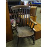 ELM HARD SEATED ASH FRAMED ARMCHAIR ON TURNED SUPPORTS