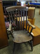 ELM HARD SEATED ASH FRAMED ARMCHAIR ON TURNED SUPPORTS
