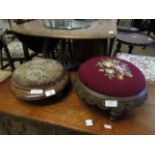 TWO 19TH CENTURY SQUAT CIRCULAR STOOLS WITH EMBROIDERED TOPS