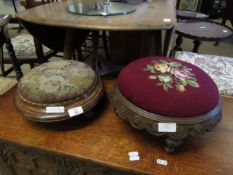 TWO 19TH CENTURY SQUAT CIRCULAR STOOLS WITH EMBROIDERED TOPS