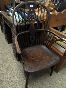 EARLY 19TH CENTURY ELM SEATED STICK AND WHEEL BACK WINDSOR ARMCHAIR