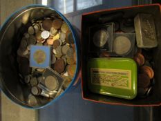 TWO TINS CONTAINING A QTY OF MIXED COINAGE ETC