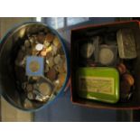 TWO TINS CONTAINING A QTY OF MIXED COINAGE ETC