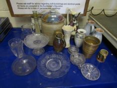 MIXED LOT GLASS CARAFE, JUGS, PEDESTAL BOWL, STONE WARE LID CONTAINER, ETC