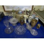 MIXED LOT GLASS CARAFE, JUGS, PEDESTAL BOWL, STONE WARE LID CONTAINER, ETC