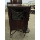 19TH CENTURY MAHOGANY FORMER MUSIC CABINET, FRETWORK PIERCED GALLERY SURROUND OVER A GLAZED DOOR
