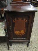 MAHOGANY FRAMED SIDE CUPBOARD WITH INLAID PANELLED DOOR RAISED ON SHAPED FEET
