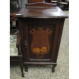 MAHOGANY FRAMED SIDE CUPBOARD WITH INLAID PANELLED DOOR RAISED ON SHAPED FEET