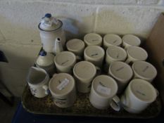 TRAY OF CHINA MUGS, TEA POT ETC