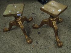 TWO DECORATIVE GILT PEDESTALS WITH CARVED DETAIL ON CLAW AND BALL FEET (2)