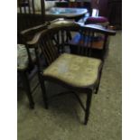 EDWARDIAN MAHOGANY CORNER CHAIR WITH INLAID DETAIL AND UPHOLSTERED SEAT RAISED ON FOUR RING TURNED