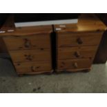 PAIR OF STAINED PINE FRAMED THREE DRAWER BEDSIDE CHESTS ON BUN FEET