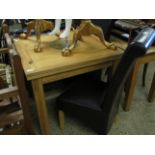 GOOD QUALITY MODERN LIGHT OAK SQUARE FORMED DRAW LEAF DINING TABLE AND A PAIR OF LEATHER L-SHAPED