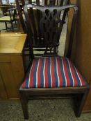 GEORGIAN MAHOGANY PIERCED SPLAT BACK DINNING CHAIR WITH STRIPED UPHOLSTERED SEAT AND SQUARE LEGS