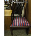 GEORGIAN MAHOGANY PIERCED SPLAT BACK DINNING CHAIR WITH STRIPED UPHOLSTERED SEAT AND SQUARE LEGS