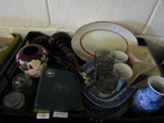 PAIR OF OAK SILVER PLATED CANDLESTICKS, BLUE AND WHITE PLATES ETC