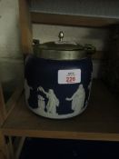 WEDGWOOD BLUE JASPER BISCUIT BARREL WITH SILVER PLATED LID AND SWING HANDLE