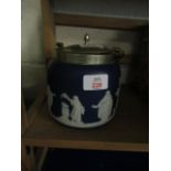 WEDGWOOD BLUE JASPER BISCUIT BARREL WITH SILVER PLATED LID AND SWING HANDLE