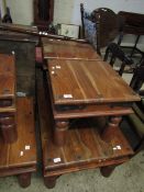 PAIR OF EASTERN HARDWOOD SQUARE FORMED TABLES WITH METAL MOUNTS TOGETHER WITH A RECTANGULAR