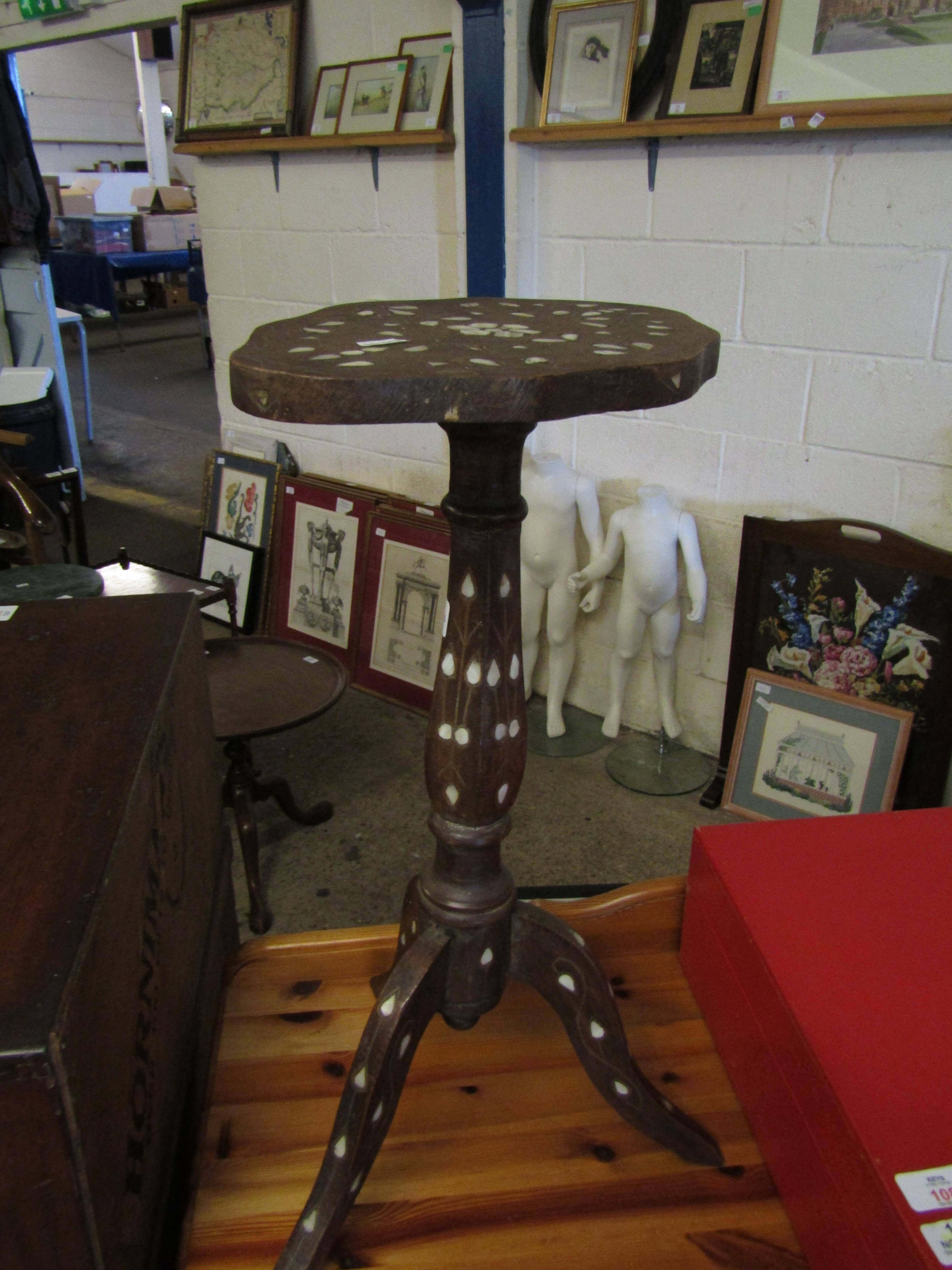 GOOD QUALITY MOTHER OF PEARL INLAID MOORISH TABLE WITH HEXAGONAL COLUMN ON A TRIPOD BASE