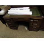 OAK FRAMED TWIN PEDESTAL DESK WITH GREEN LEATHER INSERT