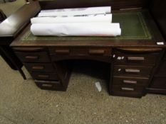 OAK FRAMED TWIN PEDESTAL DESK WITH GREEN LEATHER INSERT