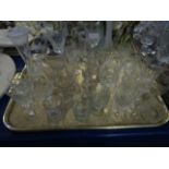 TRAY ASSORTED 19TH CENTURY AND LATER DRINKING GLASSES, CONICAL GLASSES, 20TH CENTURY AIR TWIST GLASS