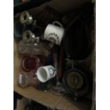 BOX ASSORTED SILVER PLATED CANDLE STICKS, GLASS WARE ETC