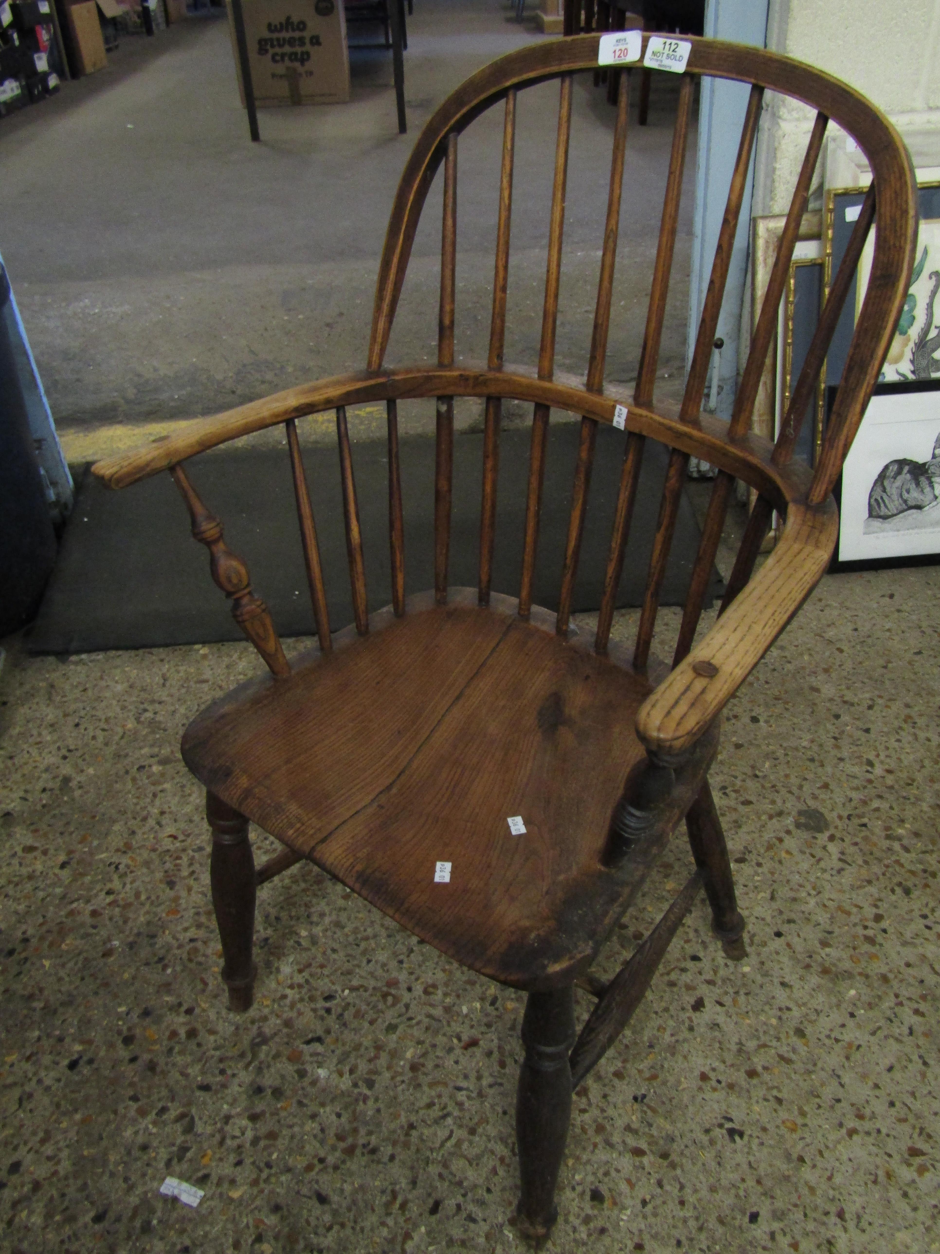 18TH CENTURY ELM HARD SEATED STICK BACK CHAIR WITH SPINDLE SUPPORTS SUPPORTED ON AN H STRETCHER