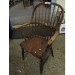 18TH CENTURY ELM HARD SEATED STICK BACK CHAIR WITH SPINDLE SUPPORTS SUPPORTED ON AN H STRETCHER