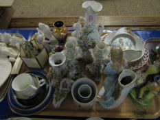 TRAY ASSORTED FLOWER ENCRUSTED VASE, CANDLESTICKS, 18TH CENTURY STAFFORDSHIRE FIGURE (AF) ETC