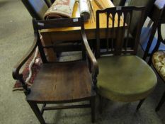 MAHOGANY FRAMED GREEN UPHOLSTERED SEATED BEDROOM CHAIR TOGETHER WITH A 18TH CENTURY BARBACK ARMCHAIR