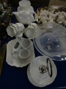 SHELLY WHITE GLAZED PART TEA SET, A WEDGEWOOD SOLAR TEAPOT, MISTED GLASS BOWL ETC