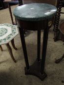 GREEN MARBLE TOP EMPIRE STYLE PLANT STAND WITH THREE TURNED COLUMNS WITH BRASS FITTINGS