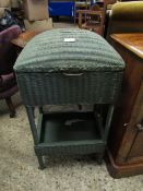 LLOYD LOOM TYPE WICKER BOX ON STAND WITH HINGED LID AND OPEN SHELF