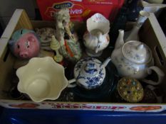 TRAY CONTAINING A STAFFORDSHIRE FIGURE, TEAPOT, CRANBERRY GLASS BELL, DUCHESS TRANQUILLITY TEAPOT