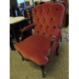 GOOD QUALITY FRENCH WALNUT CARVED ARMCHAIR WITH RED DRAYLON UPHOLSTERED SEAT AND BUTTON BACK