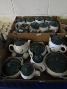 QTY OF DENBY GREEN WHEAT HOT WATER POTS, TEA POTS, TREENS ETC