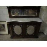 VICTORIAN ROSEWOOD CHIFFONIER, PEDIMENT WITH BRASS GRILLE AND MIRROR BACK OVER A SERPENTINE BASE