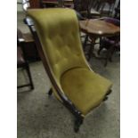 VICTORIAN ROSEWOOD NURSING CHAIR, UPHOLSTERED IN MUSTARD BUTTON BACK ON C-SCROLL FRONT SUPPORTS