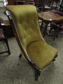 VICTORIAN ROSEWOOD NURSING CHAIR, UPHOLSTERED IN MUSTARD BUTTON BACK ON C-SCROLL FRONT SUPPORTS