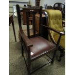 MID-20TH CENTURY MAHOGANY FRAMED ARMCHAIR WITH BROWN REXINE SEAT AND BARLEY TWIST LEGS