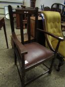 MID-20TH CENTURY MAHOGANY FRAMED ARMCHAIR WITH BROWN REXINE SEAT AND BARLEY TWIST LEGS