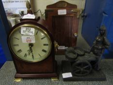 RAPPORT TEAK CASED MANTEL CLOCK, A FURTHER SPELTER FIGURE OF A FISH SELLER AND AN EASTERN HARDWOOD